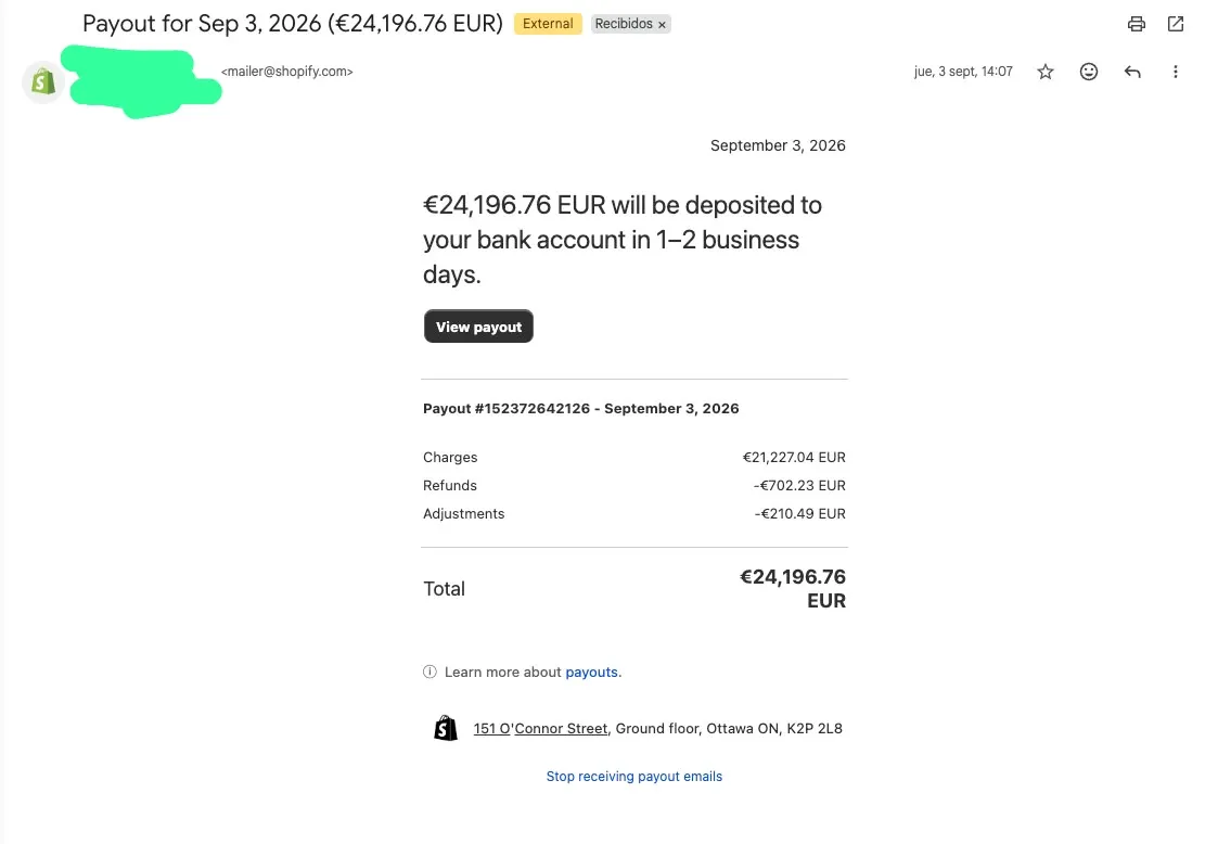 Correo de payout de Shopify por 24.196,76 euros